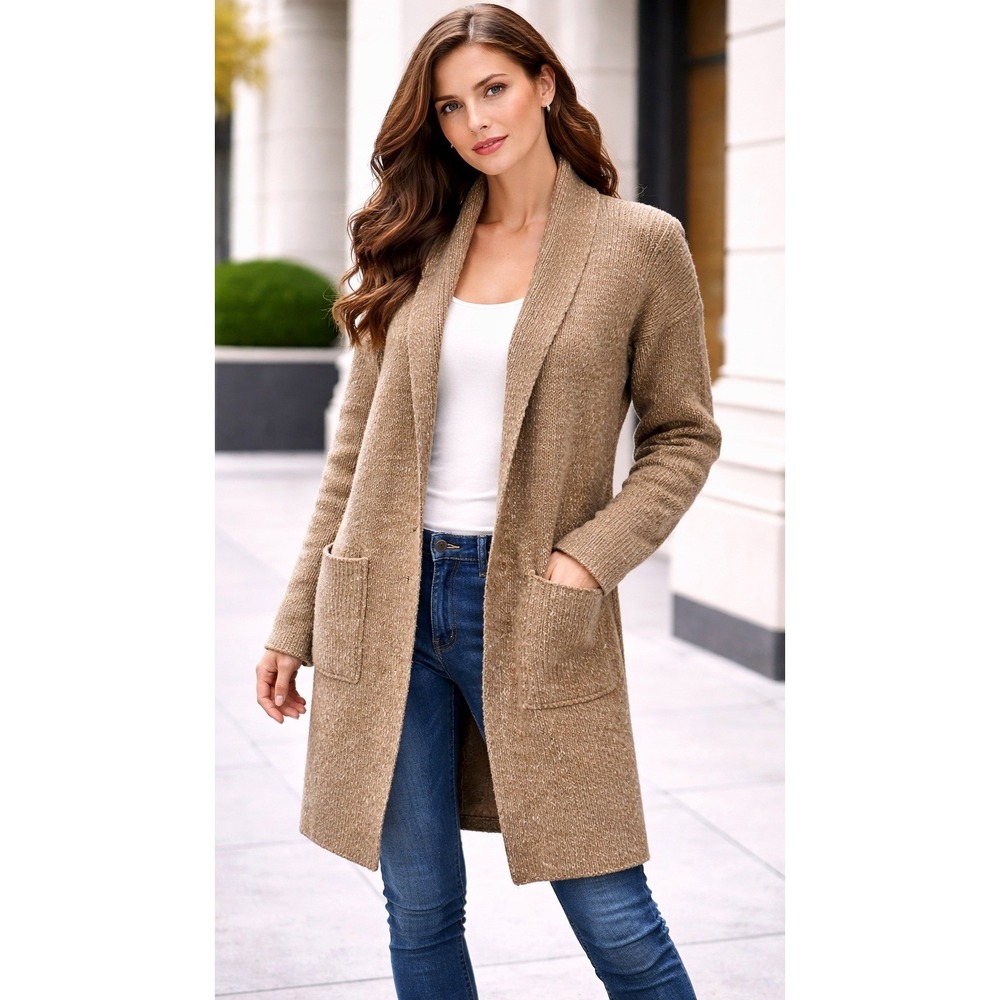 Sisters Longline Shawl Collar‎ Cardigan Women Medium Tan Marled Knit Sweater